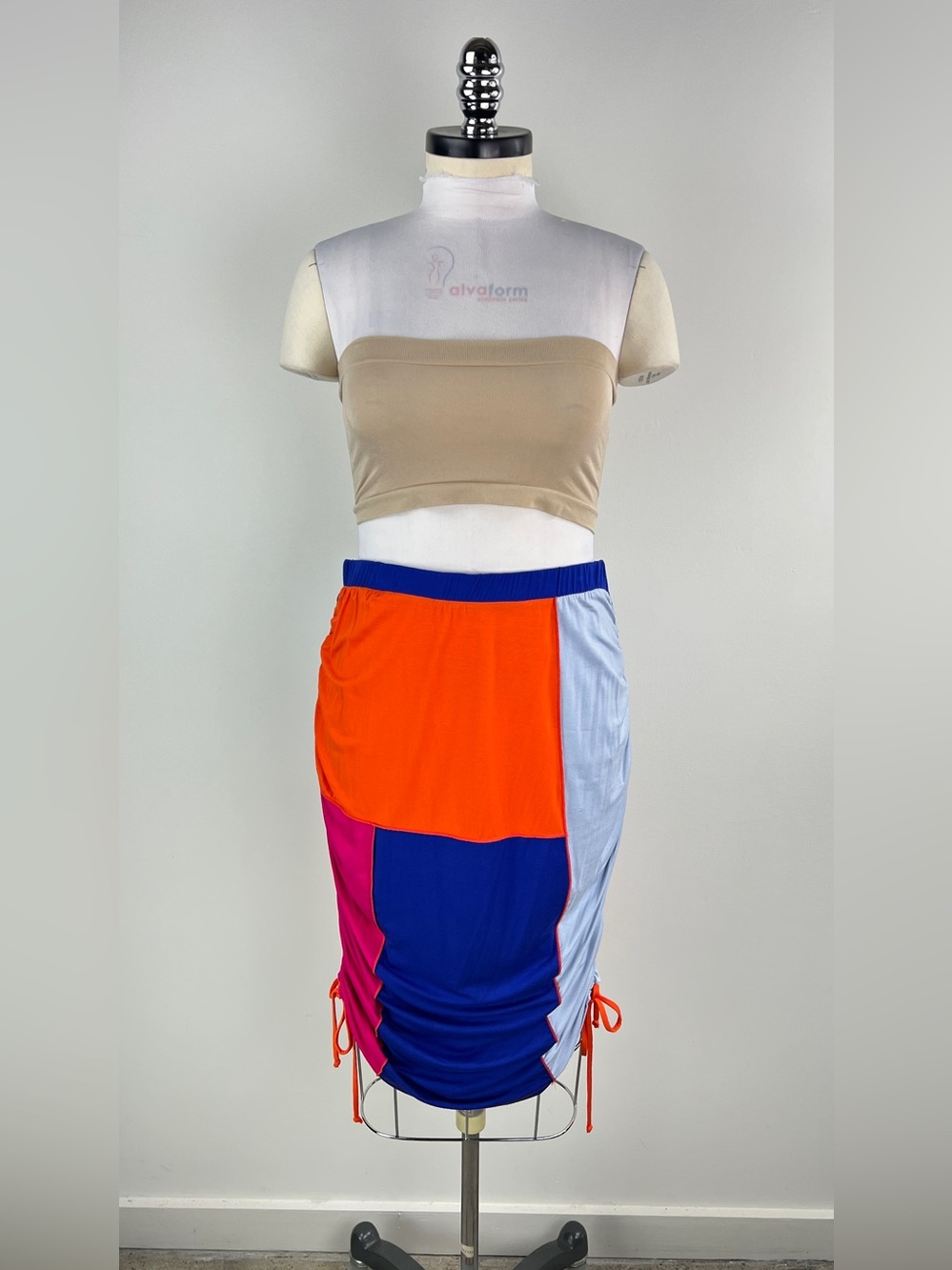 💚 3569. Colorblock Ruched Midi Skirt in Orange, Blue & Pink